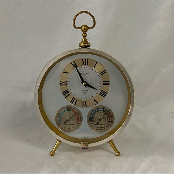Bulova Accents Bulova Desk Mantle Clock Vintage Weather Station Hygrometer Temperature